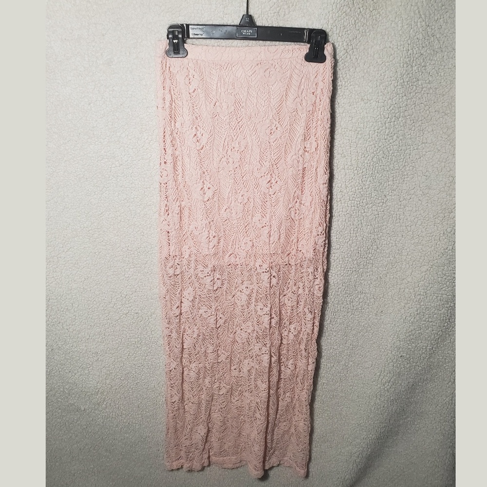 Floor length pink lace skirt